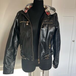 Coogi Women’s XL Black Faux Leather Jacket Hooded Zip Up Coat